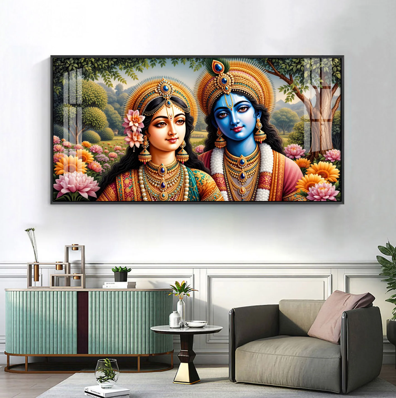 Radha Krishna With Round Diadem Premium Acrylic Horizontal Wall Art