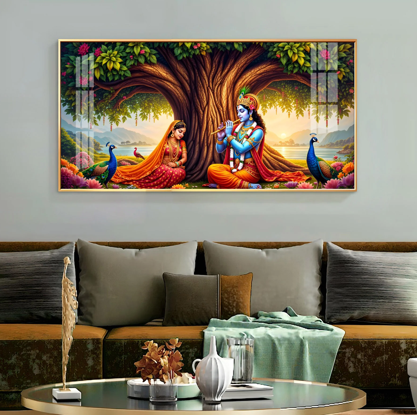 Krishna Playing Flute Under Tree Premium Acrylic Horizontal Wall Art
