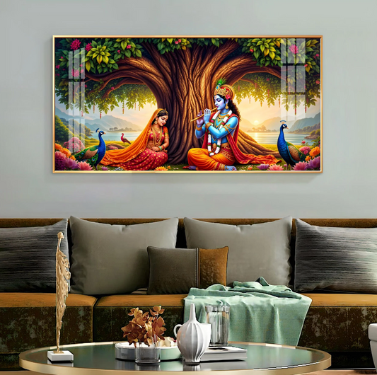 Krishna Playing Flute Under Tree Premium Acrylic Horizontal Wall Art