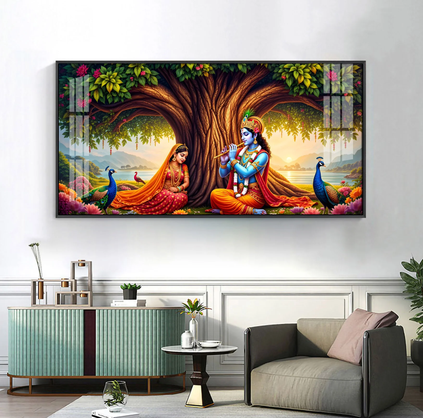 Krishna Playing Flute Under Tree Premium Acrylic Horizontal Wall Art