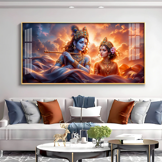 Krishna and Radha In Sunset Premium Acrylic Horizontal Wall Art