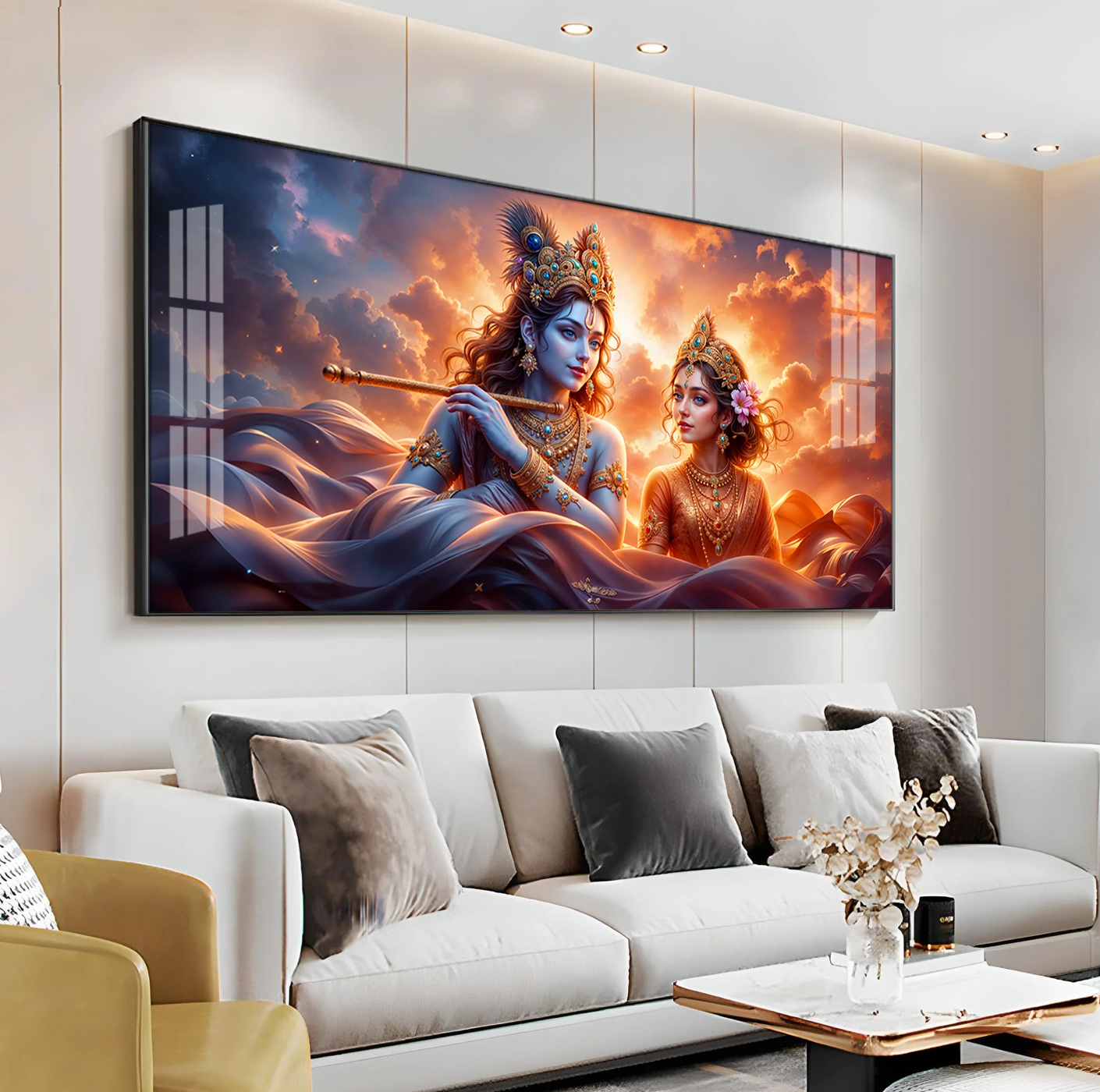 Krishna and Radha In Sunset Premium Acrylic Horizontal Wall Art
