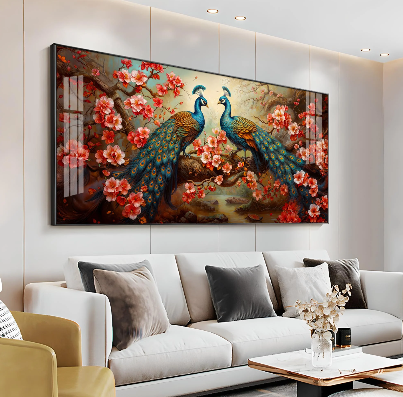 Regal Feathers With Red Blossom Premium Acrylic Horizontal Wall Art