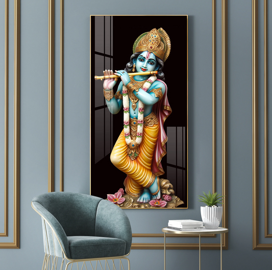 Lord Krishna With Flute Premium Acrylic Vertical Wall Art