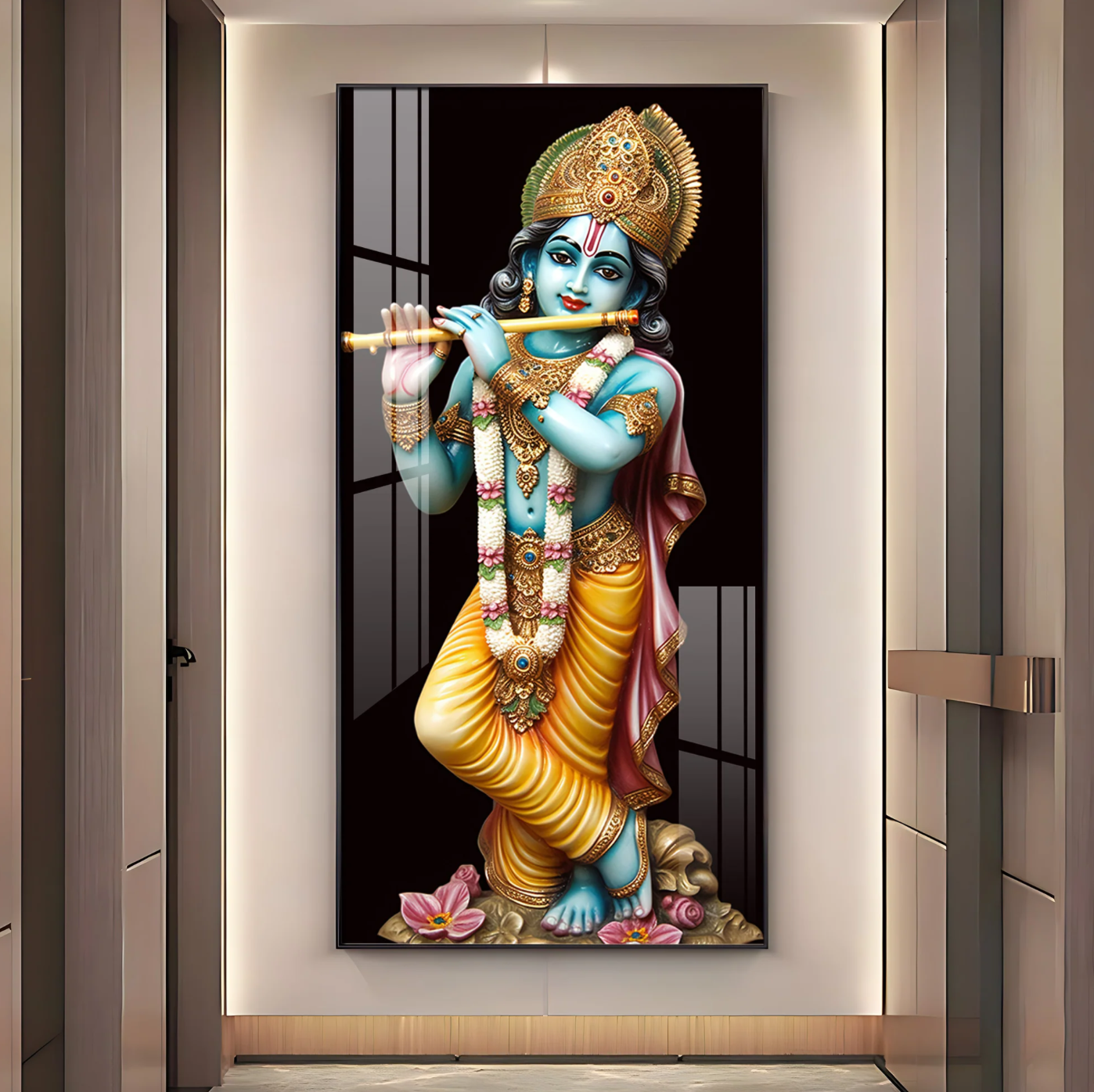 Lord Krishna With Flute Premium Acrylic Vertical Wall Art
