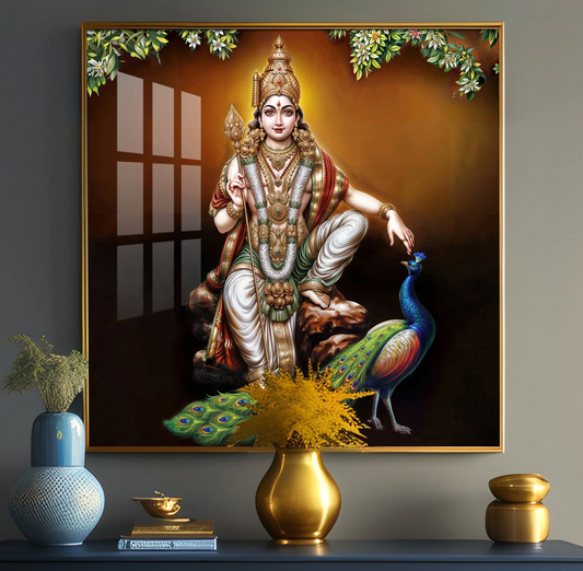 Lord Murugan With Peacock Premium Acrylic Square Wall Art