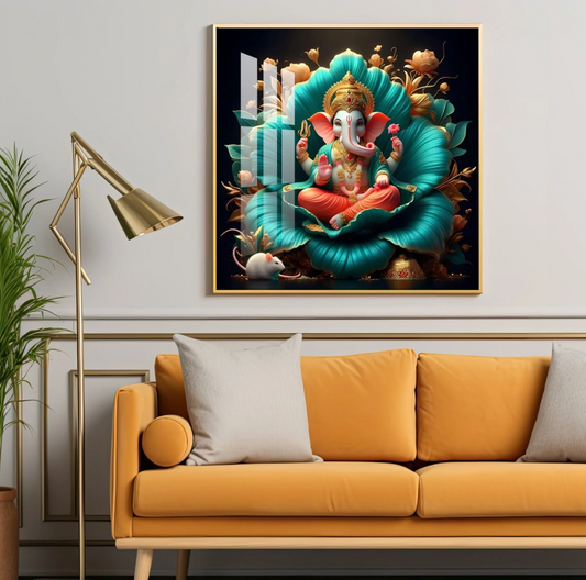 Lord Ganesh Lotus Serenity Premium Acrylic Square Wall Art