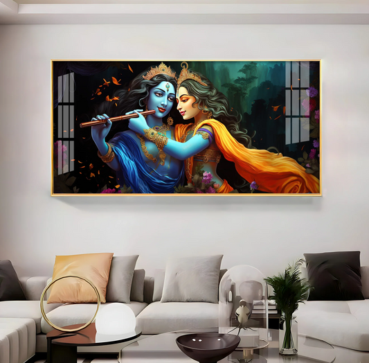 Radha Krishna Playing Bansuri Premium Acrylic Horizontal Wall Art