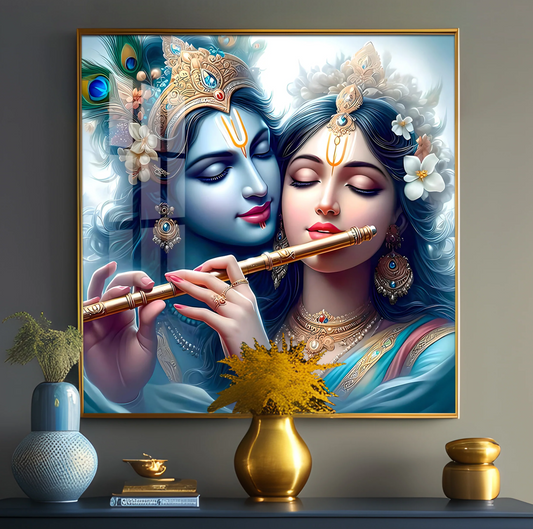 Radha Krishna With Flute Premium Acrylic Square Wall Art