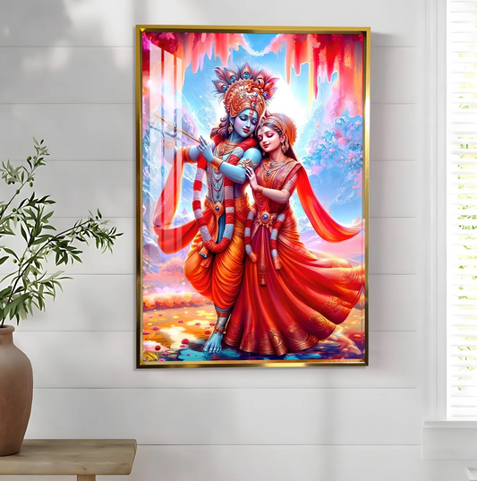 Beautiful Radha Krishna In Red Premium Acrylic Vertical Wall Art