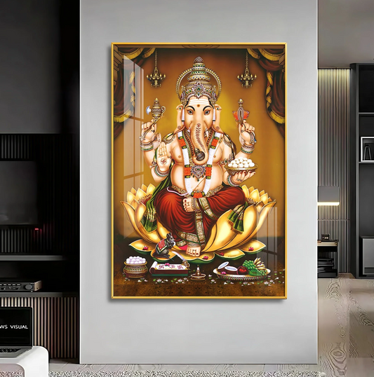 Lord Ganesha On Gold Lotus Premium Vertical Acrylic Wall Art