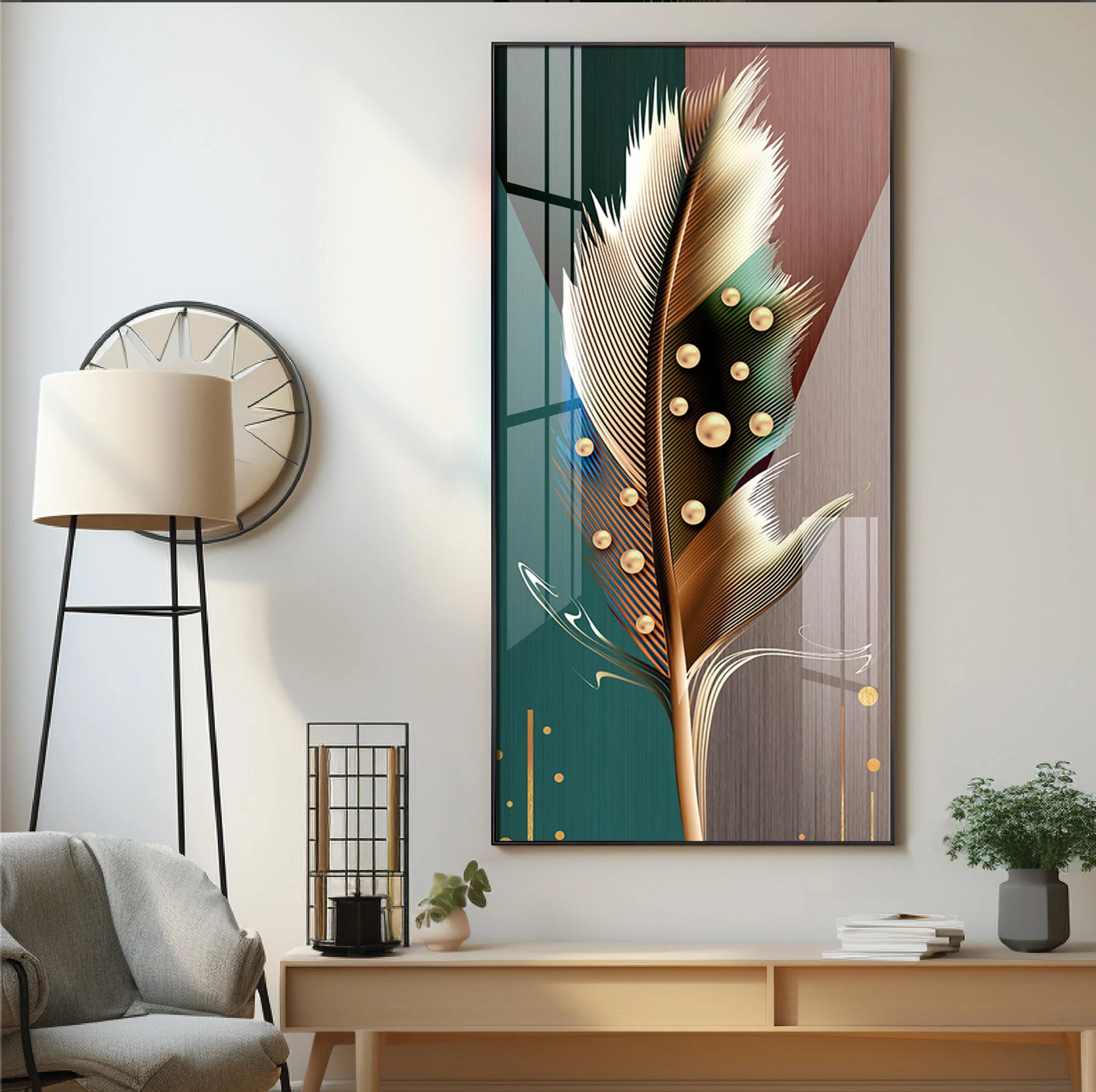 Nordic Feather Luxury Crystal Vertical Wall Art