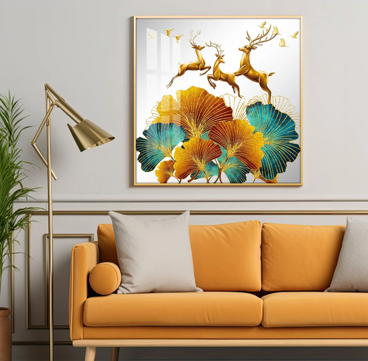 3 Golden Deers With Biloba Leaves Luxury Crystal Square Wall Art