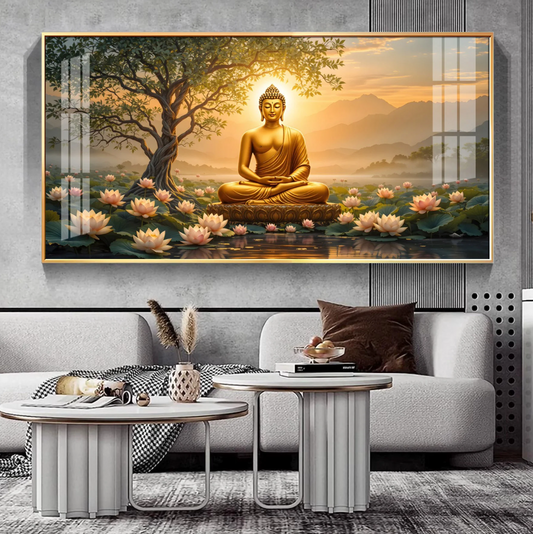 Blissful Buddha With Lotus Petal Premium Acrylic Horizontal Wall Art