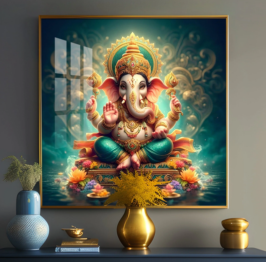 Lord Ganesh Blessings Premium Acrylic Square Wall Art