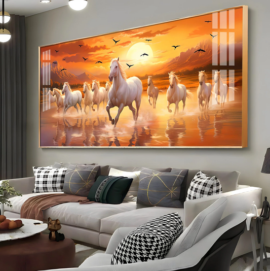 White Running Horses With Sunrise Premium Acrylic Horizontal Wall Art