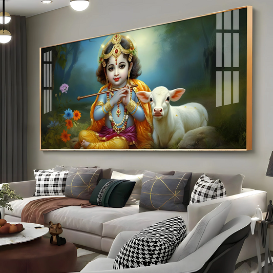 Little Krishna With Bansuri & Cow Premium Acrylic Horizontal Wall Art