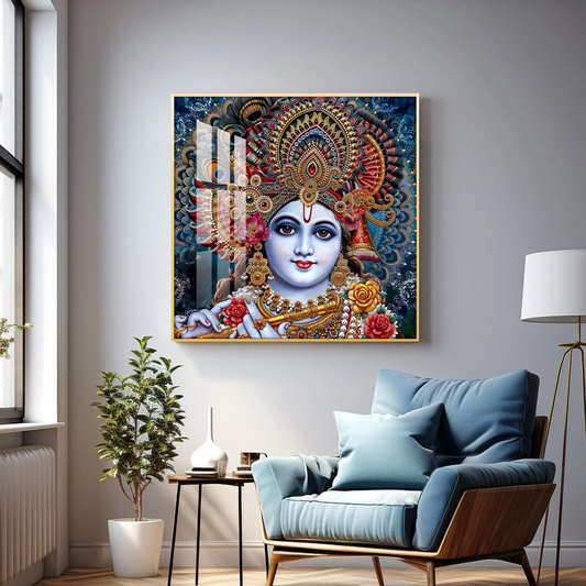 Shri Krishna With Bansuri Premium Acrylic Square Wall Art