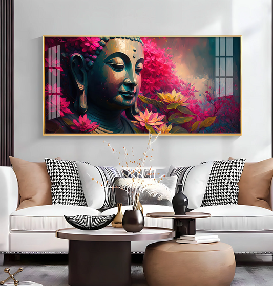 Lord Buddha Blossoms Premium Acrylic Horizontal Wall Art