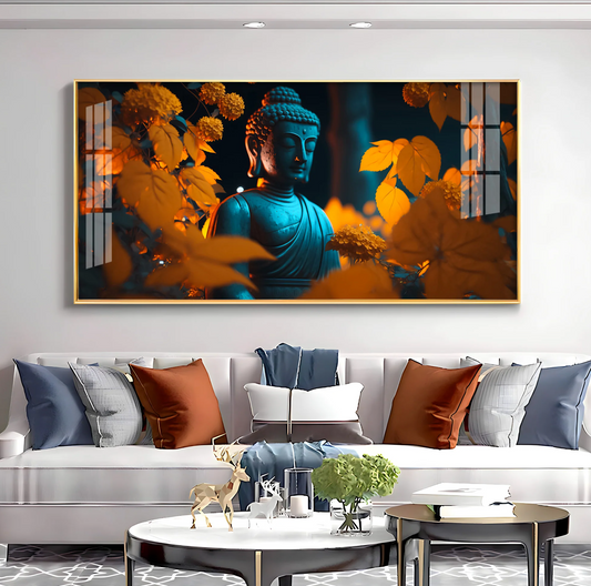 Buddha With Golden Autumn Fall Premium Acrylic Horizontal Wall Art