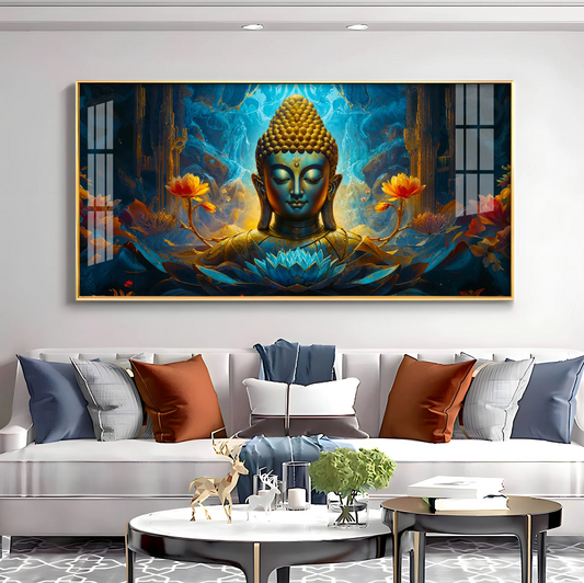 Tranquil Buddha Art In Blue Premium Acrylic Horizontal Wall Art