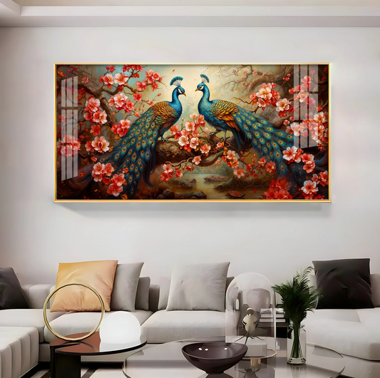 Regal Feathers With Red Blossom Premium Acrylic Horizontal Wall Art