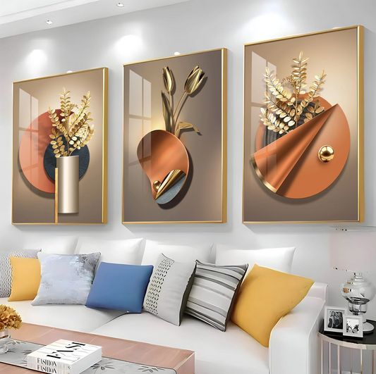 Golden Flower Triptych Premium Acrylic Wall Art (Set of 3)