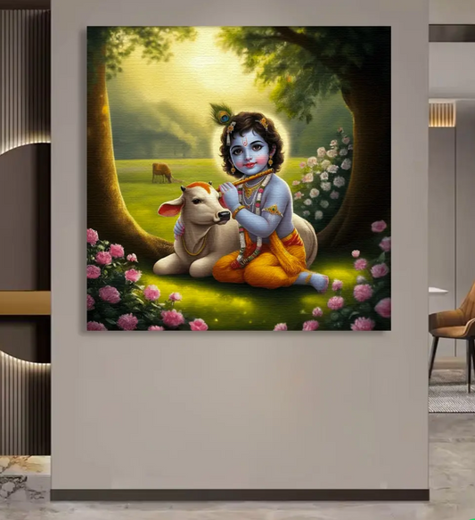 YF Traditional Ethnic Lord Krishna Canvas Painting