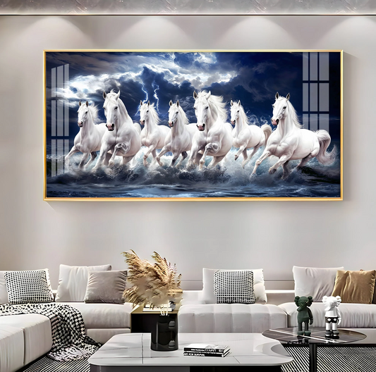 Seven White Horses Gallop In the Sea Premium Acrylic Horizontal Wall Art