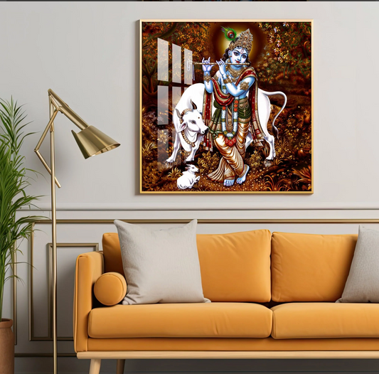 Beautiful Lord Krishna With Cow Premium Acrylic Square Wall Art