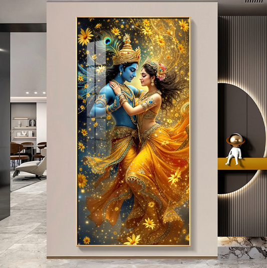 Radha And Krishna in Golden Splendor Flower Premium Acrylic Vertical Wall Art