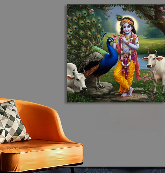 YF Krishna Playing Flute in Vrindavan Canvas Painting