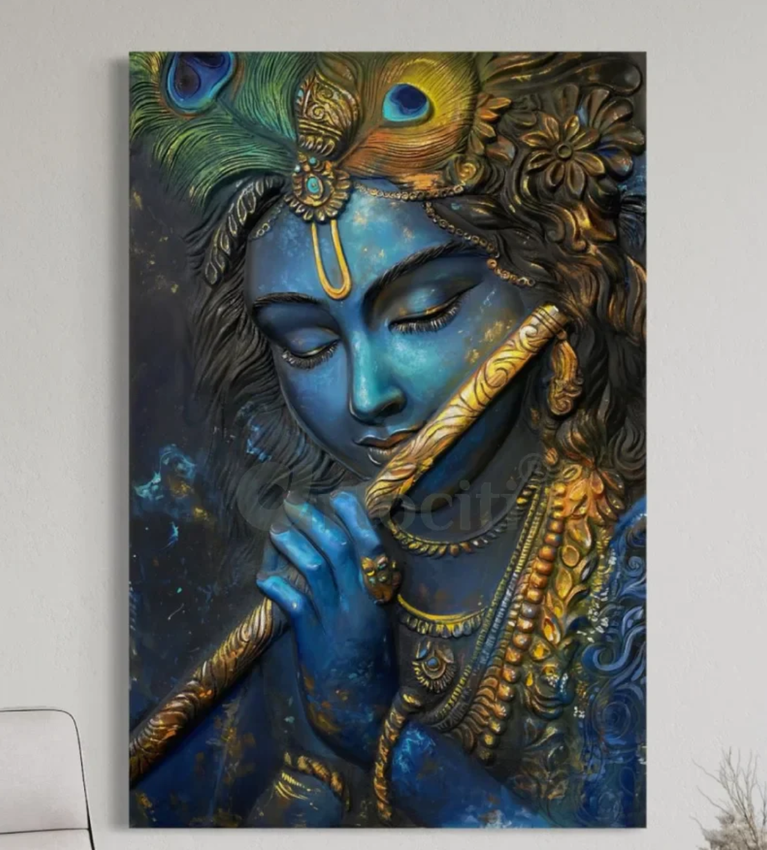 3X2 Feet Divine Krishna With Bansuri 3D Relief Mural Art