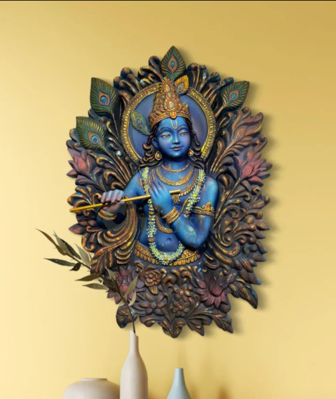 4X3 Feet Lord Krishna playing the flute 3D Relief Mural Wall Art