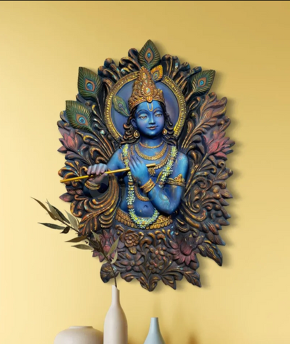 4X3 Feet Lord Krishna playing the flute 3D Relief Mural Wall Art