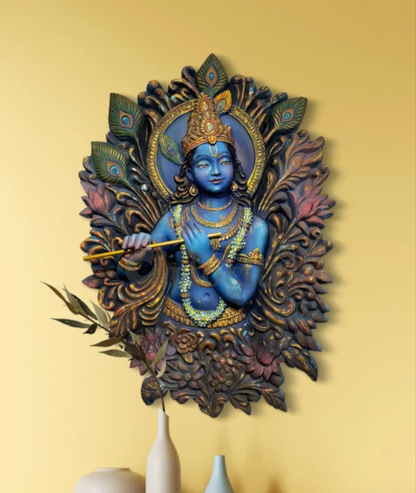 4X3 Feet Lord Krishna playing the flute 3D Relief Mural Wall Art