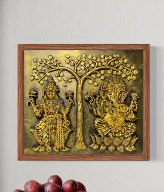 16X14 Inch Ganesha Lakshmi gold coin with tree 3D Relief Mural Wall Art