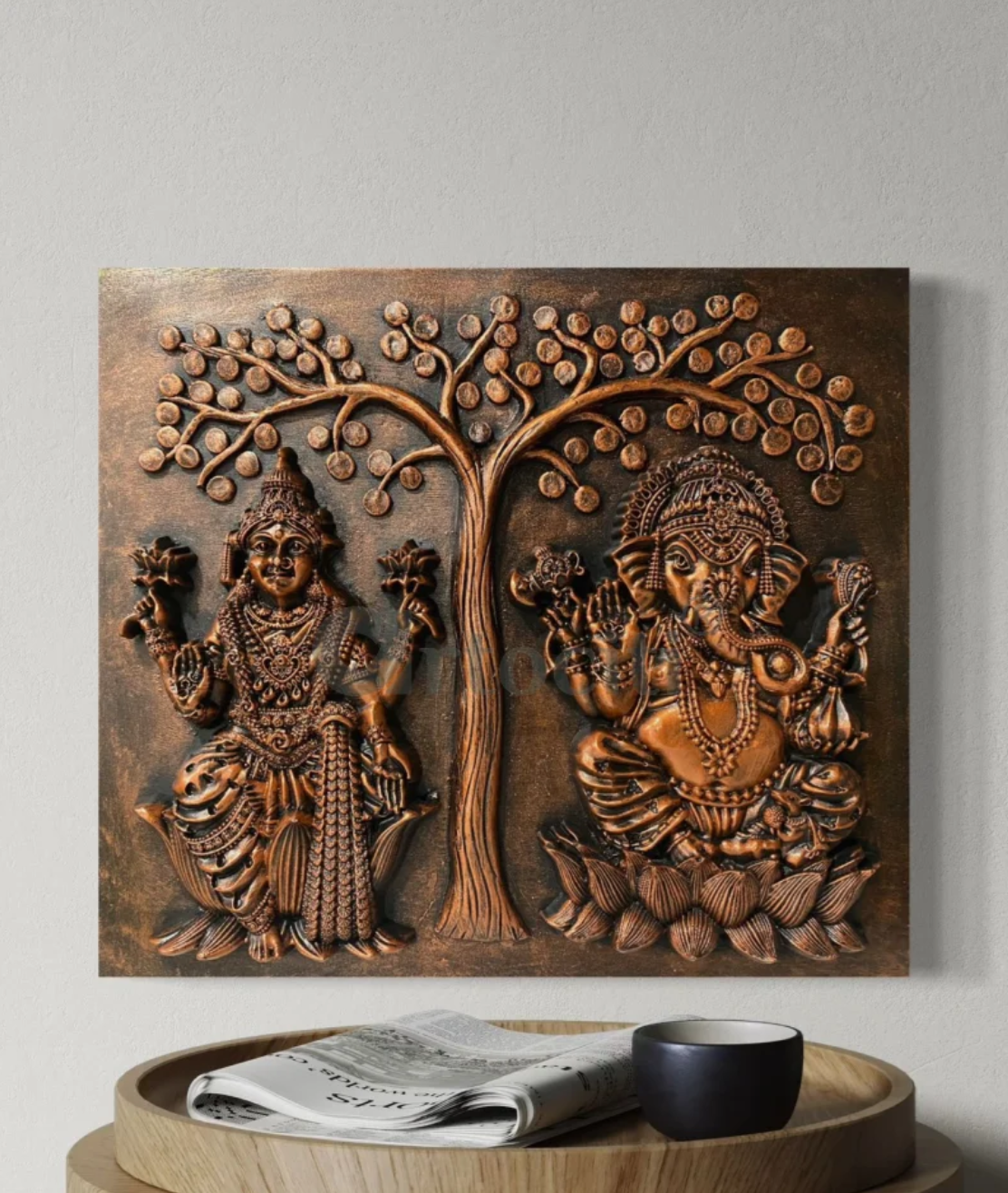 16X14 Inch Ganesha Lakshmi gold coin with tree 3D Relief Mural Wall Art
