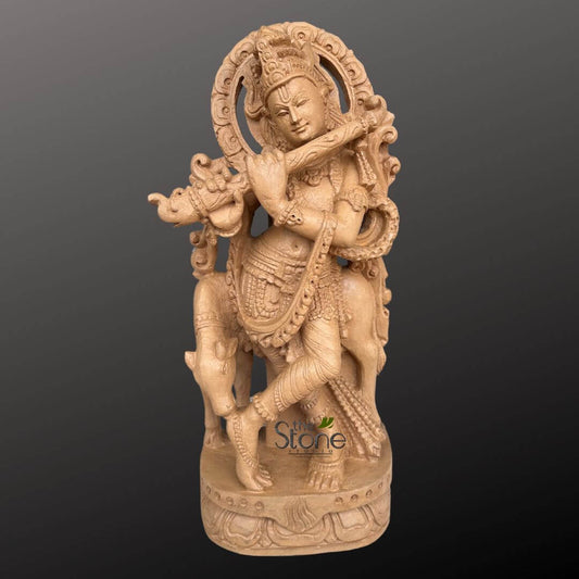 Stone Krishna with cow statue 2ft