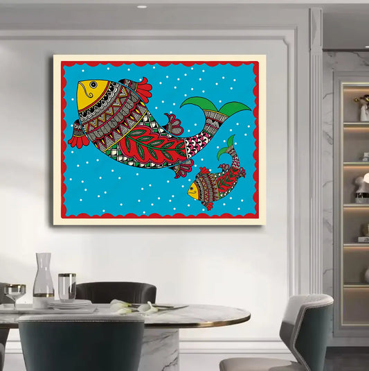 YF Colourful Fish Madhubani Canvas Art