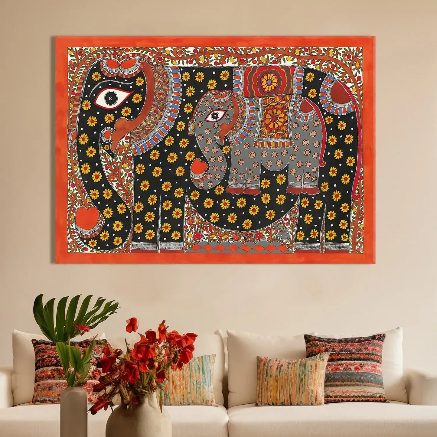 YF Ethnic Elephant Madhubani Canvas Painting