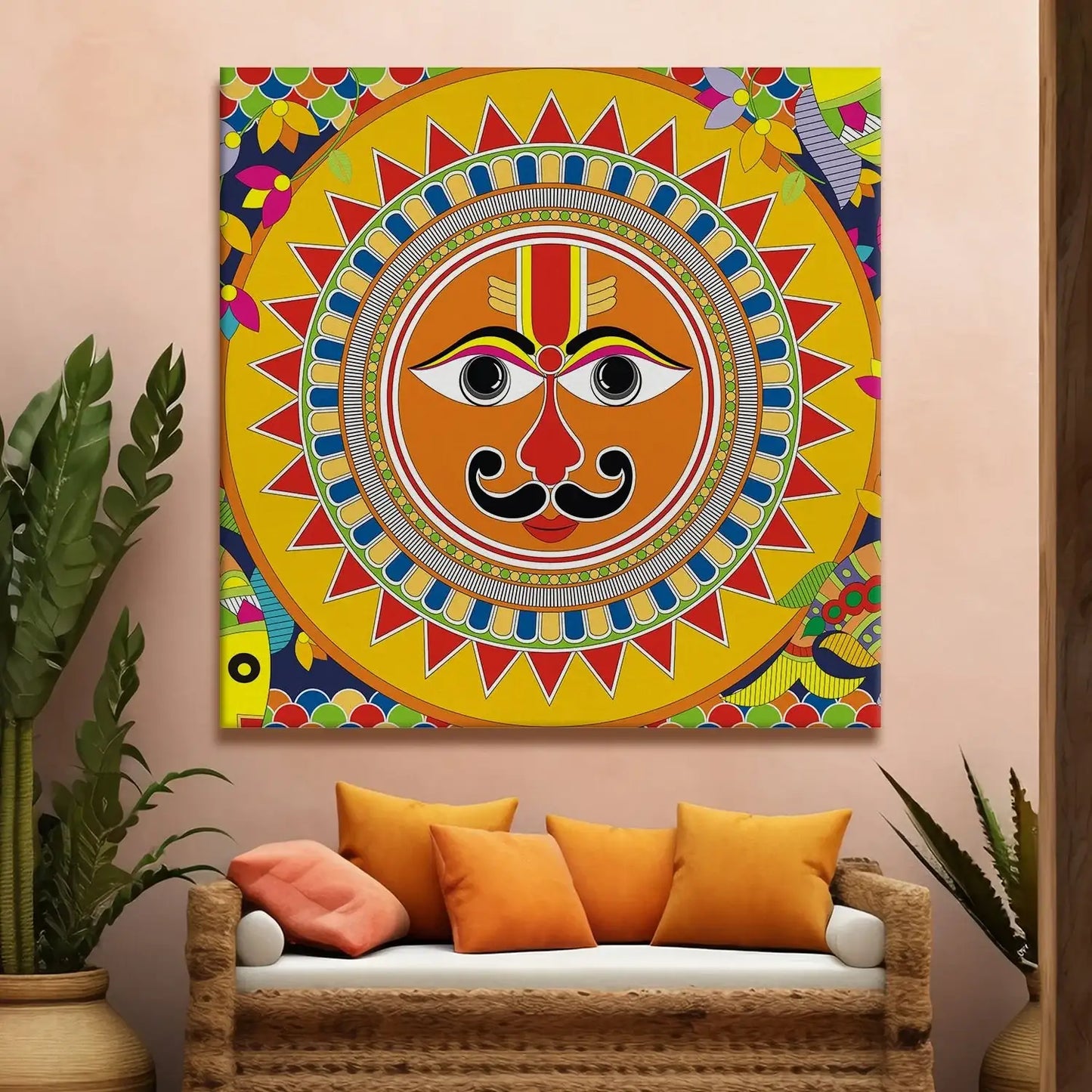 YF Madhubani Sun Canvas Painting