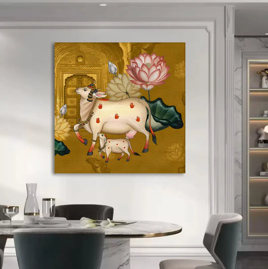 YF Auspicious Pichwai Cow & Lotus Painting