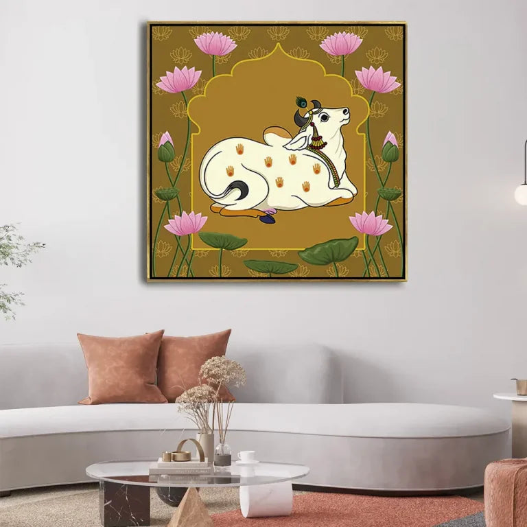 YF Lotus Cow Pichwai Painting on Canvas