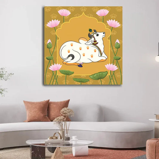 YF Lotus Cow Pichwai Painting on Canvas
