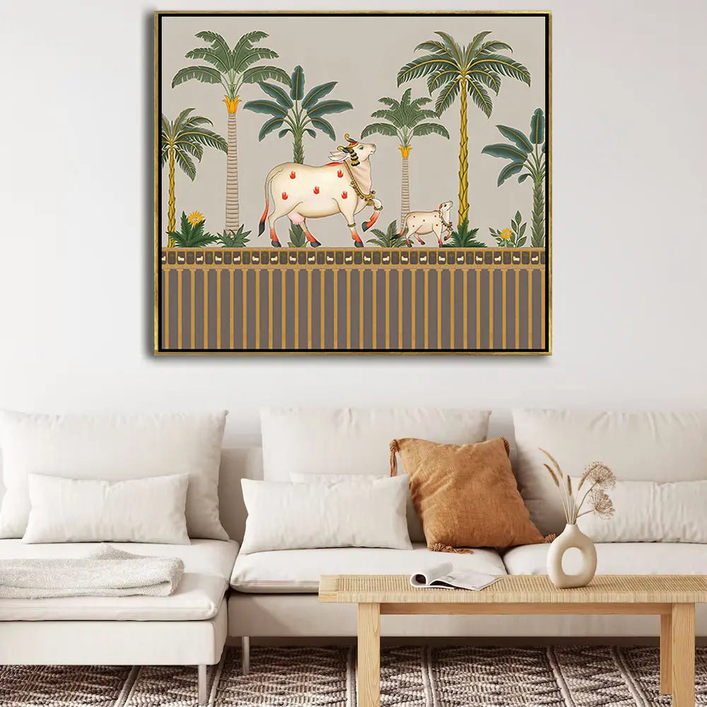 YF Coconut Tree background Pichwai Cow Painting