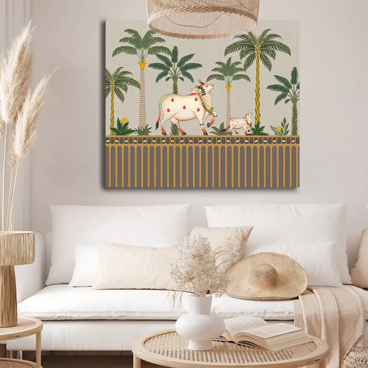 YF Coconut Tree background Pichwai Cow Painting
