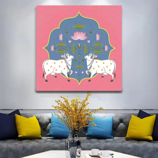 YF Pink background Pichwai Cow Painting