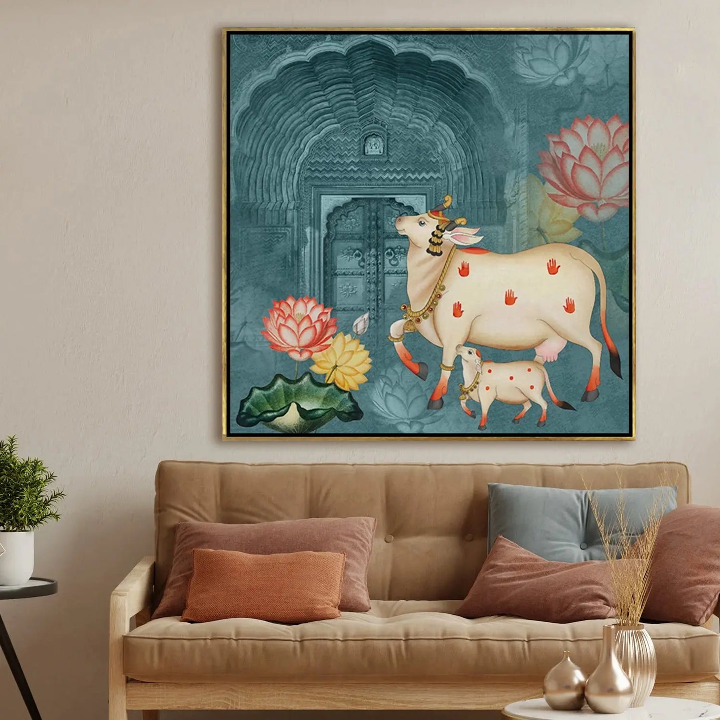 YF Traditional Lotus Cow Pichwai Painting