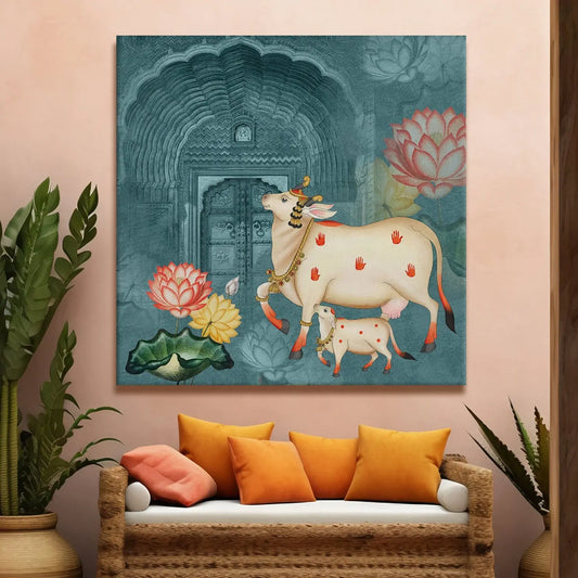 YF Traditional Lotus Cow Pichwai Painting